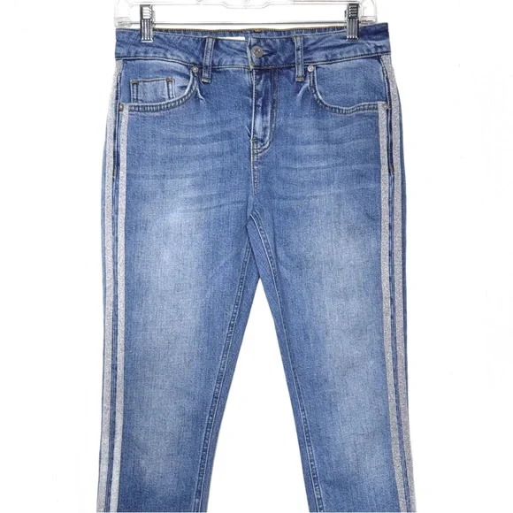 Anthropologie Shimmer Metallic Silver Racer Side Stripe Fringe Hem Cropped Jeans - Picture 9 of 15